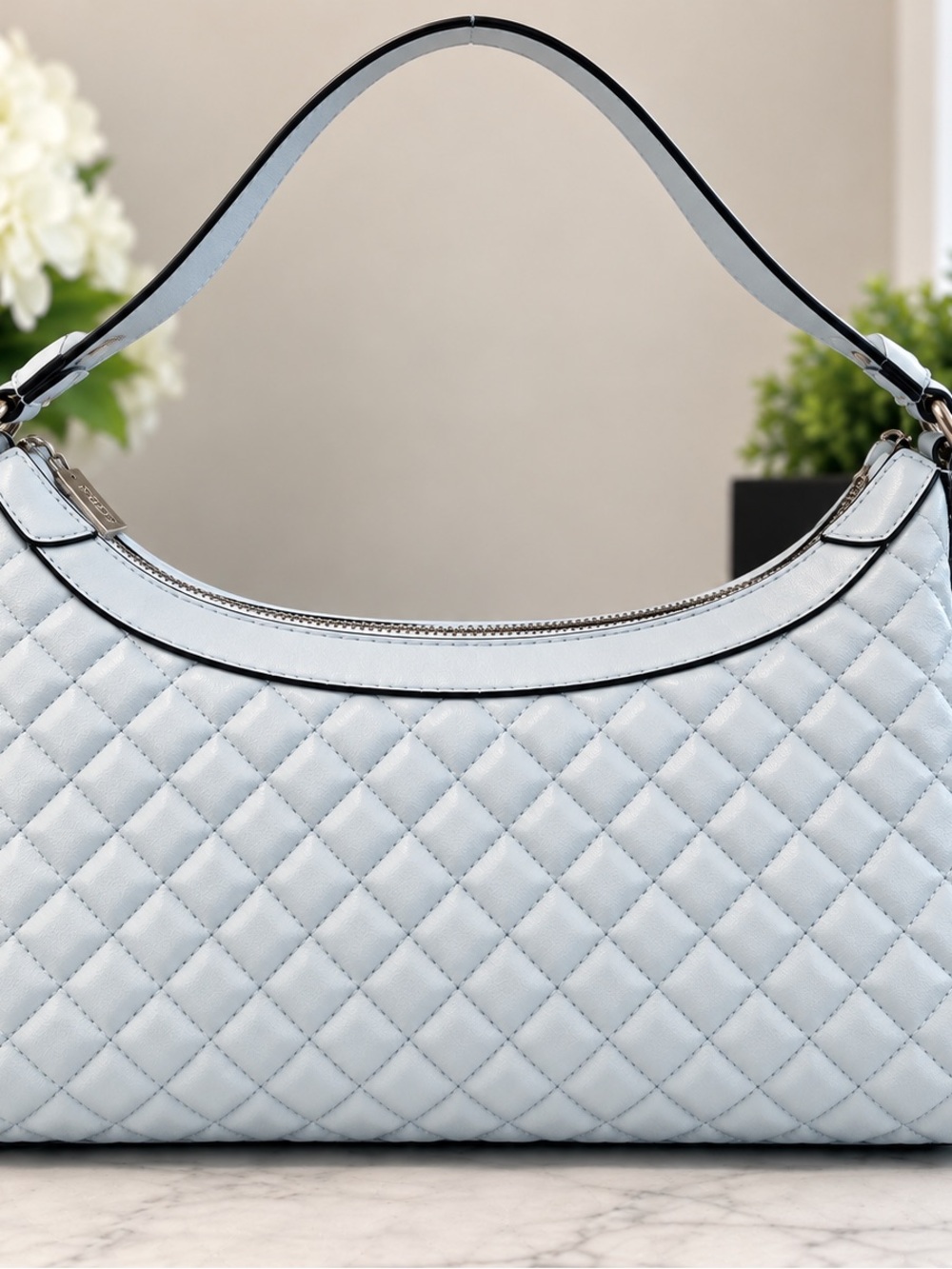 GUESS Tinsley Medium Quilted Shoulder Bag Silver w/ Charm Chain - Picture 2 of 3
